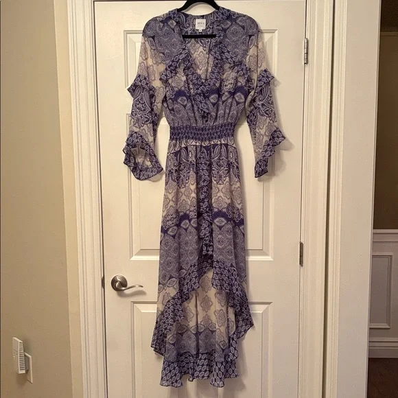Misa Los Angeles High/Low Bohemian Maxi Dress with Blue and Cream Patterns - Picture 13 of 13